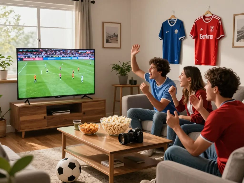 Friends enjoying ดูบอล live in a lively atmosphere with snacks and jerseys.