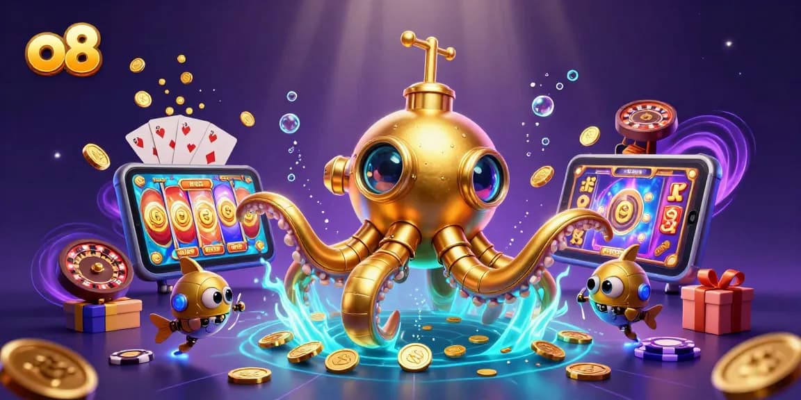 Engage with exciting o8 casino adventures featuring 3D kraken, colorful slot games, and golden coins.