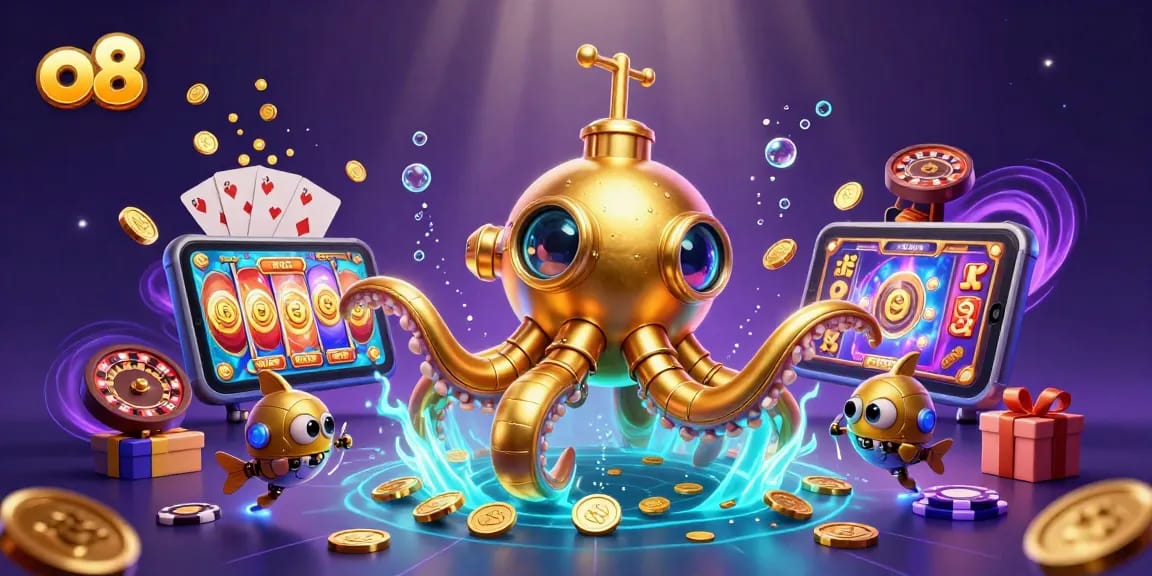 Engage with exciting o8 casino adventures featuring 3D kraken, colorful slot games, and golden coins.