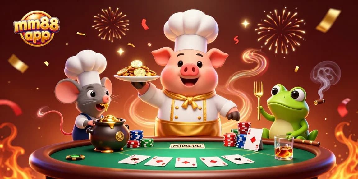 Bet big with the mm88 app, featuring lively characters and dynamic gaming elements around a poker scene.