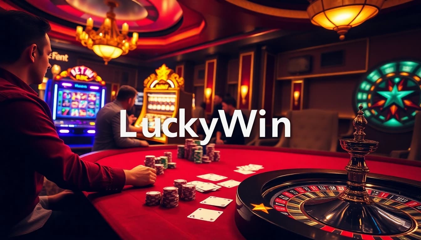 Players enjoying a vibrant casino experience at LuckyWin, featuring poker, slots, and roulette.
