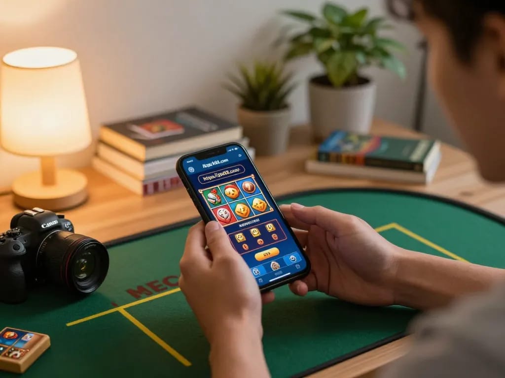 Engaging mobile gaming moment on https://gnk88.com/ with player using casino app on smartphone.