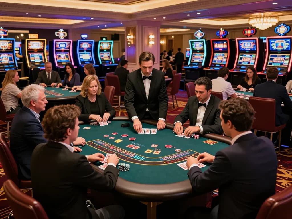 Engaged players at KJC blackjack table analyzing hands during gameplay in a luxurious casino setting.