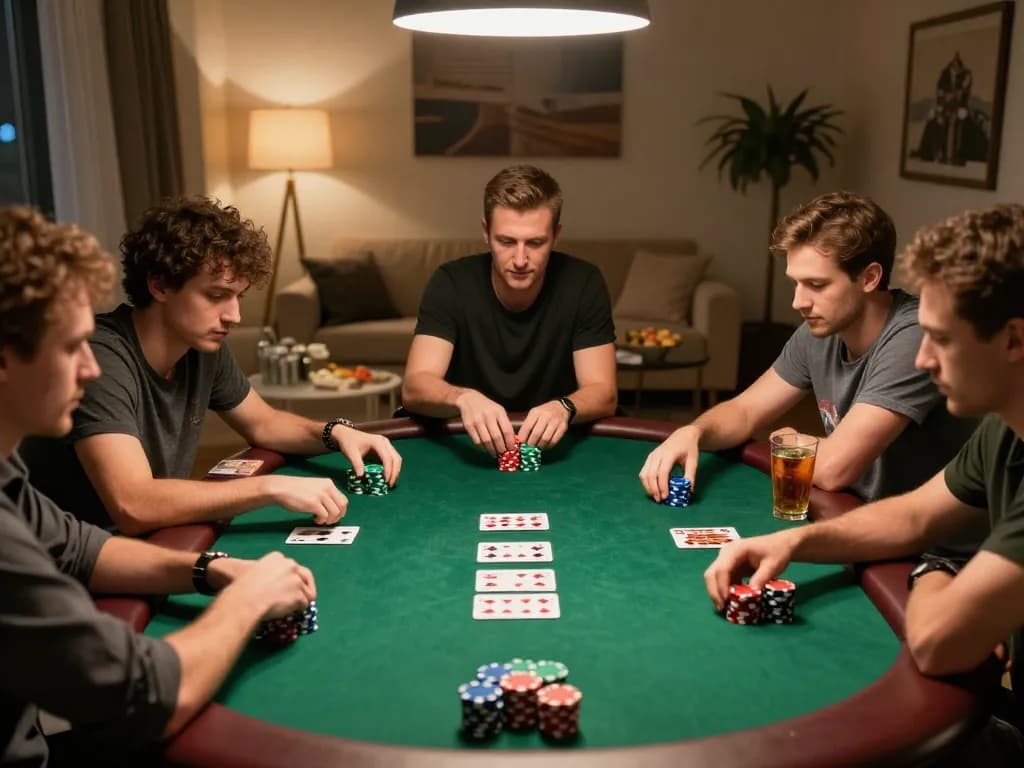 Players engaging in a lively home poker night, showcasing strategy and excitement at https://fc88.zone.