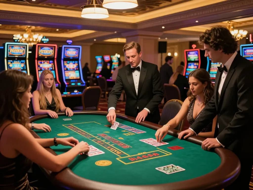 Gamblers enjoying an exciting moment at Nhà cái DABET blackjack table in a vibrant casino atmosphere.