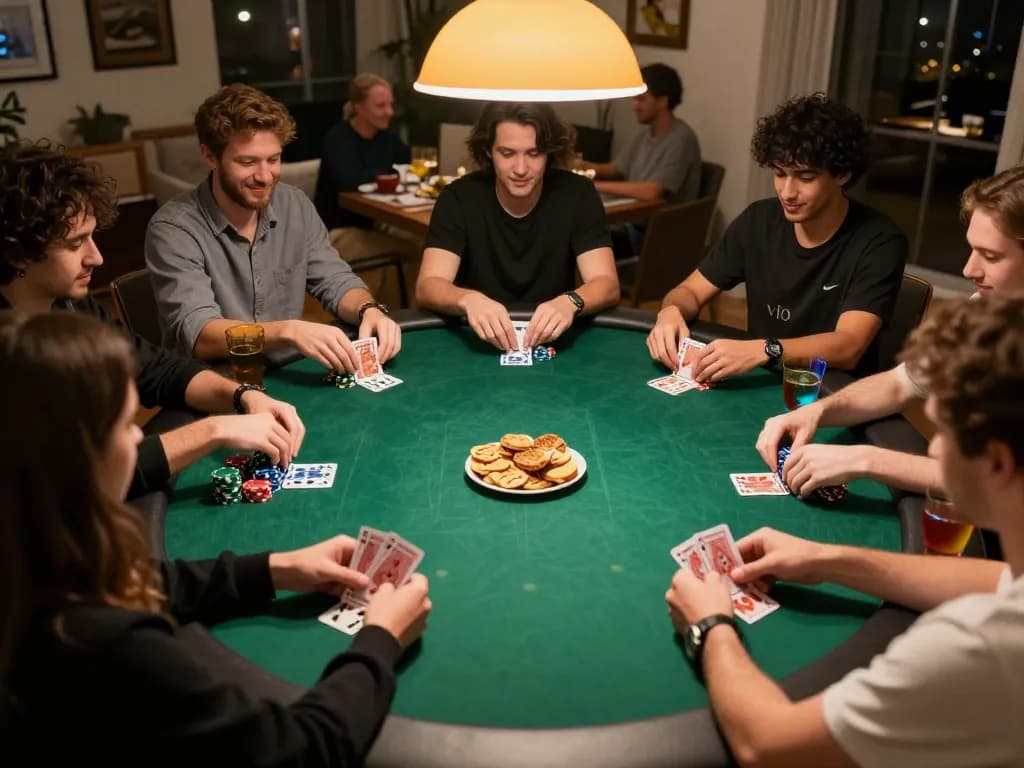 Players enjoying a friendly poker game while using ee88go platform, showcasing competition and snacks.