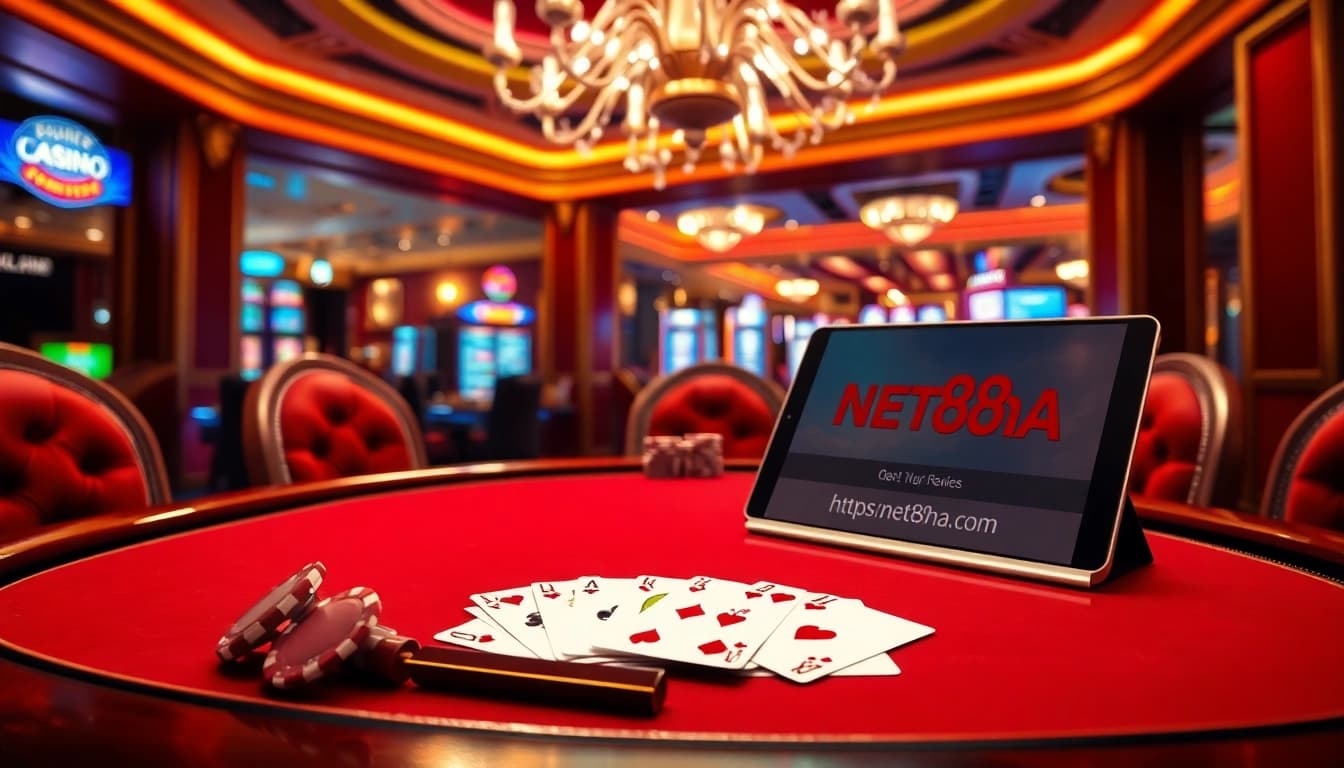 A high-stakes poker game at https://net88na.com, featuring luxurious decor, polished chips, and cards.