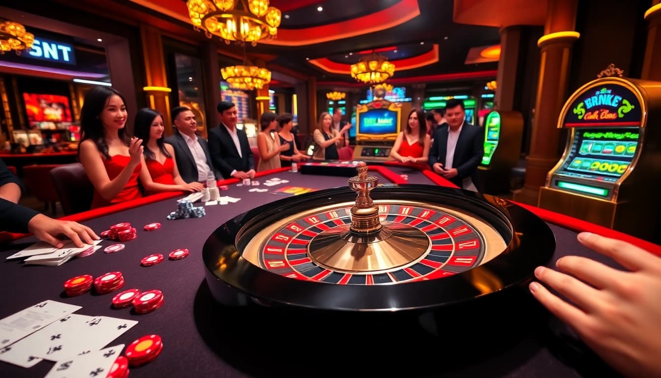 Experience the thrill of Trang Chủ XIN88 as players engage at a vibrant casino table with cards and chips.