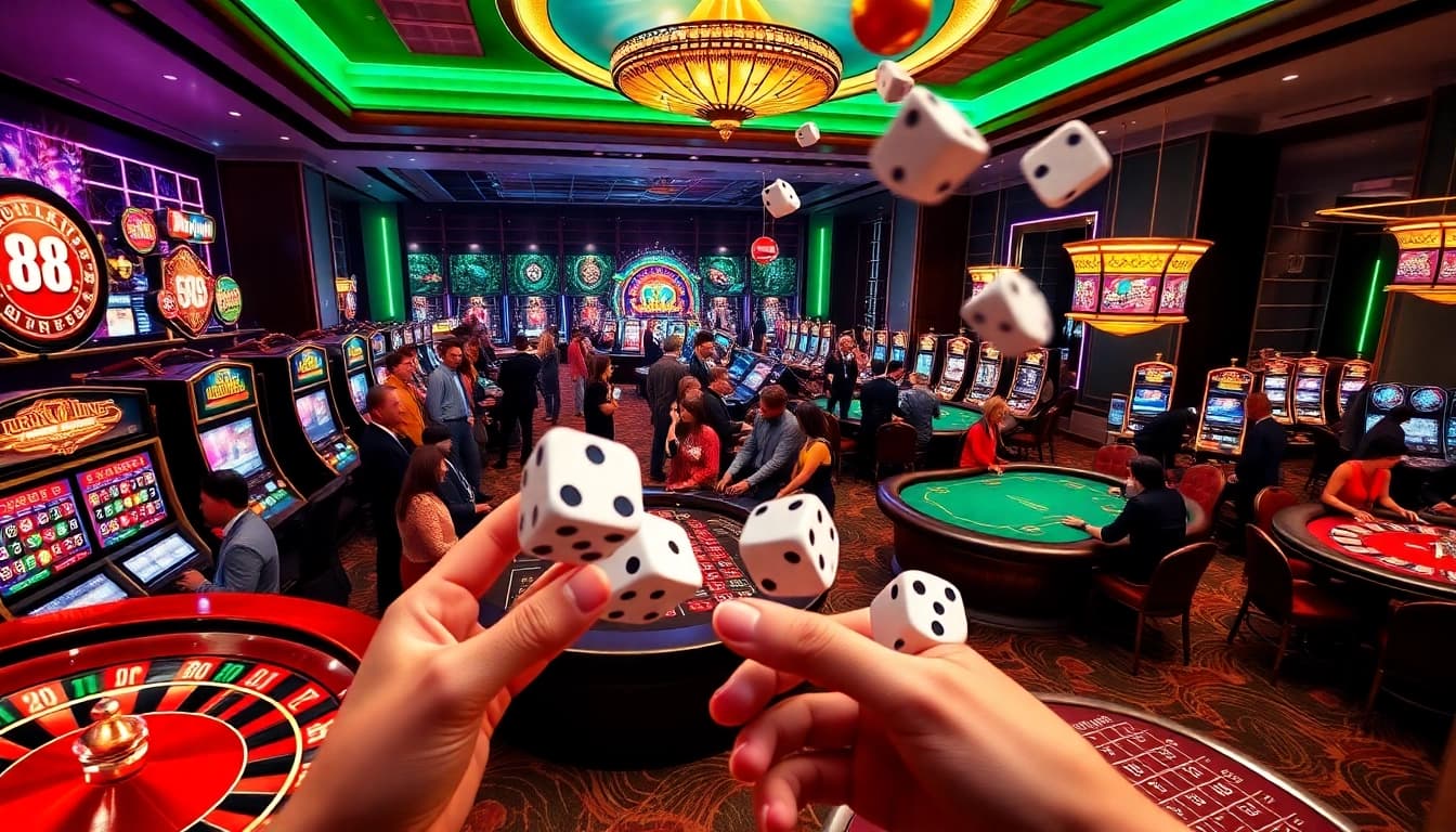 Gamblers enjoying a vibrant casino experience at https://du88i.com/ with tables and slot machines.