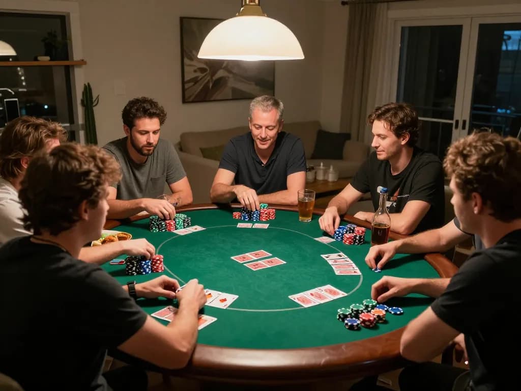 Players engaging intensely in a friendly poker game at home, showcasing xx88 com atmosphere of strategic gambling.