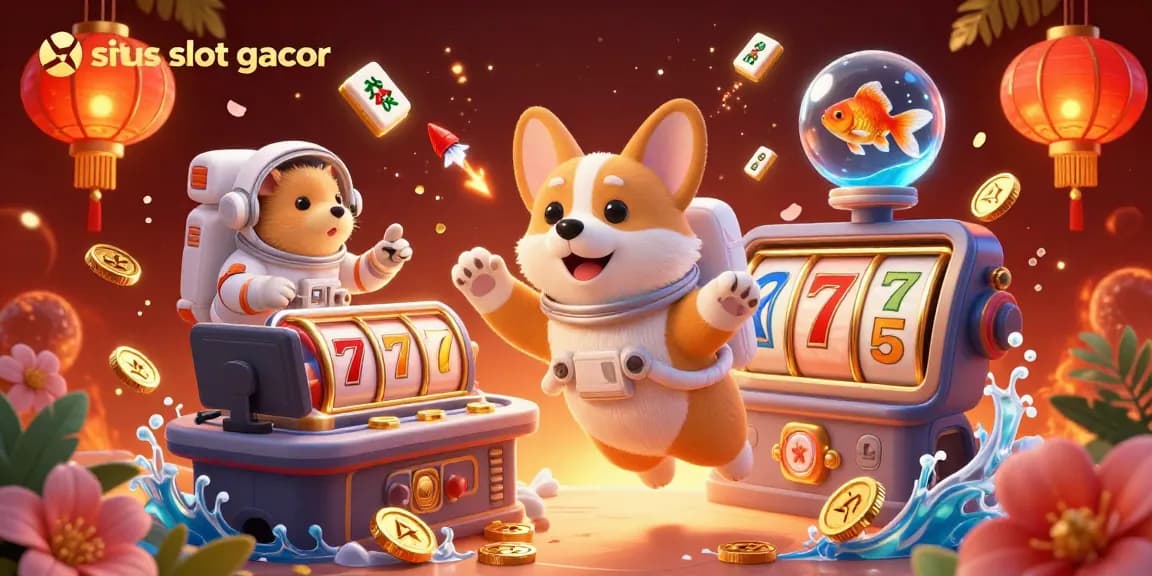 Situs slot gacor in a playful space casino scene, showing an astronaut corgi, a hamster, and a goldfish amidst slot reels and coins.