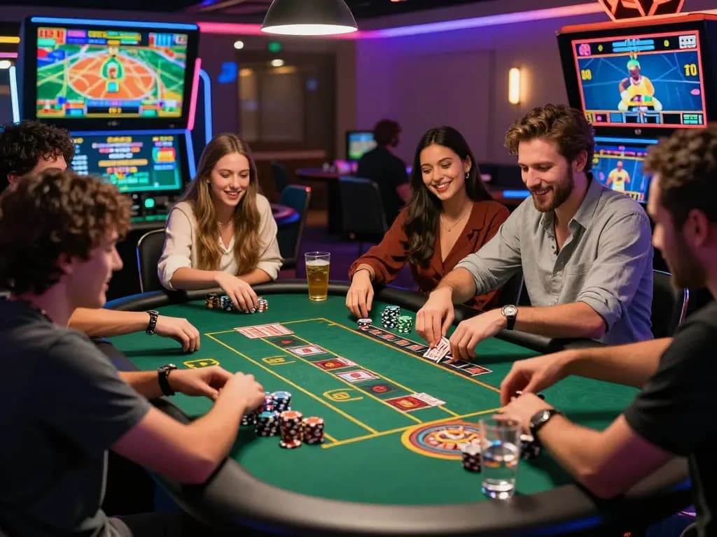 Friends enjoying games at an online casino like gem88, vibrant atmosphere and cheers.