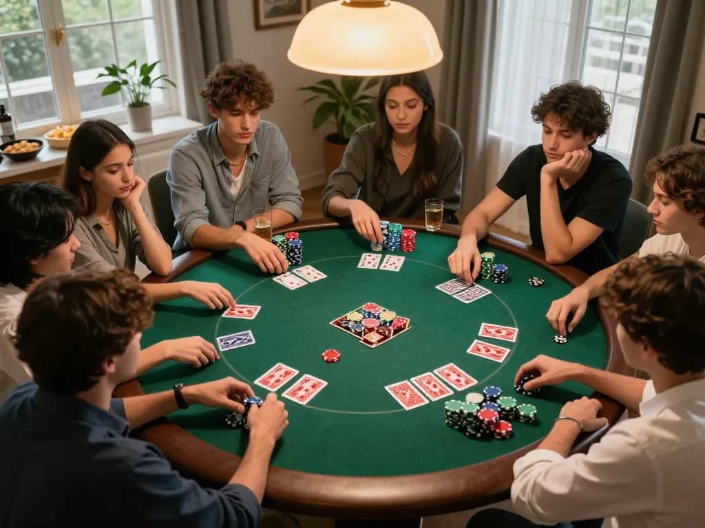 Friends actively participating in poker night at home while using 99win đăng nhập for online gaming