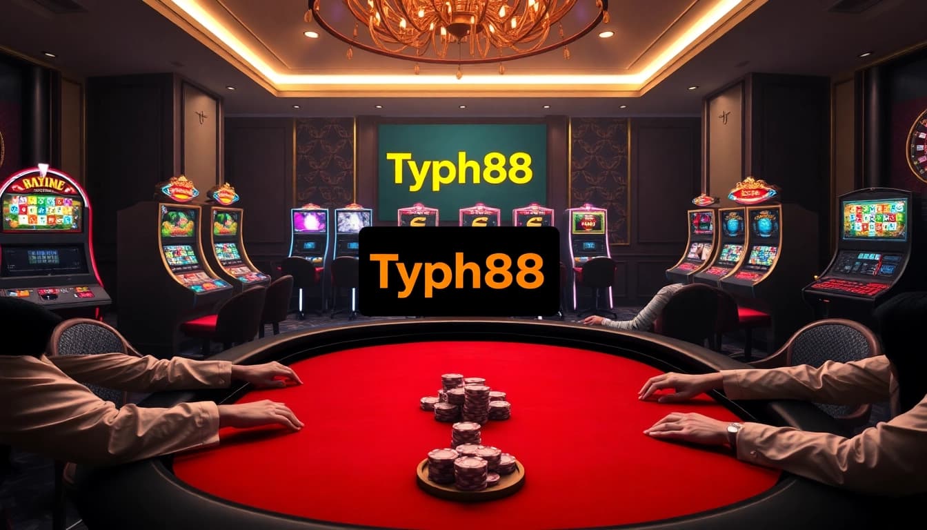 Engaged players at Typhu88 casino table, showcasing excitement and high stakes.