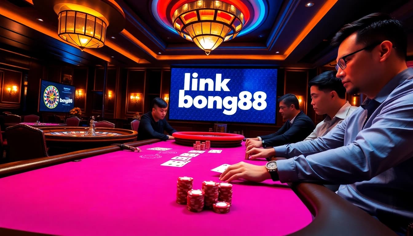 Engaging in high-stakes poker at a vibrant casino table showcasing link bong88 for online gambling enthusiasts.