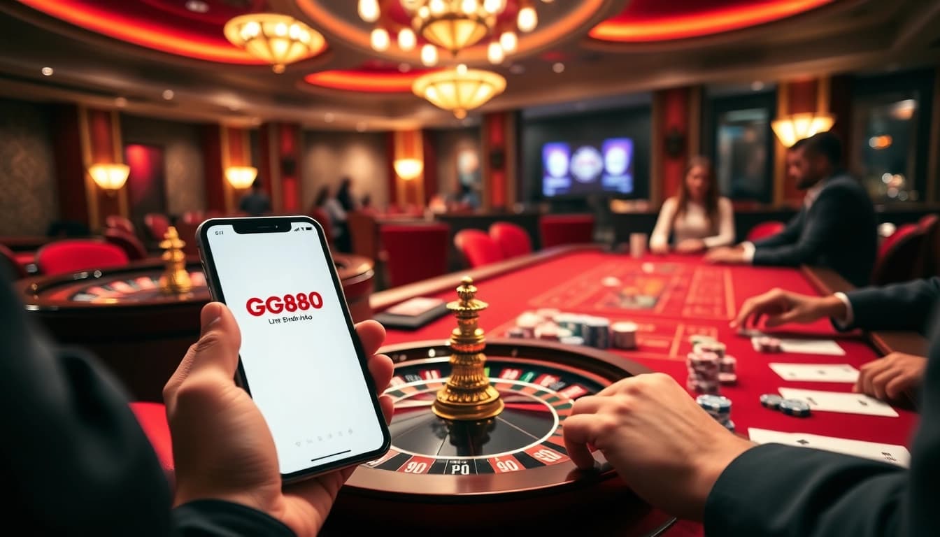 Experience the excitement of gambling at https://gg888.info/ with a vibrant casino scene showcasing poker and roulette.