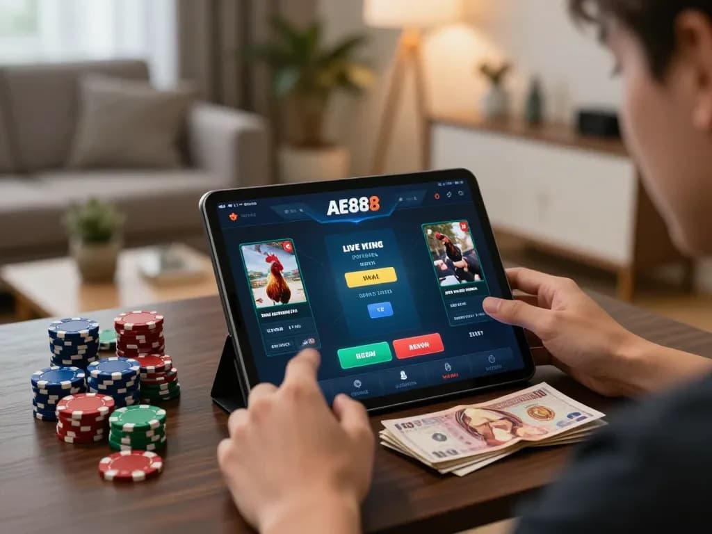 Engaging moment of betting on live chicken fights at https://ae888a.ru.com/ through a tablet while relaxing at home