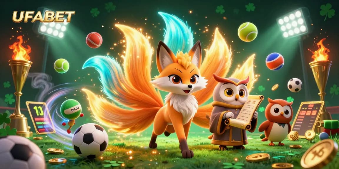 Explore UFABET with a vibrant 3D depiction of a mystical nine-tailed fox, owls, and sports elements promoting thrilling betting experiences.