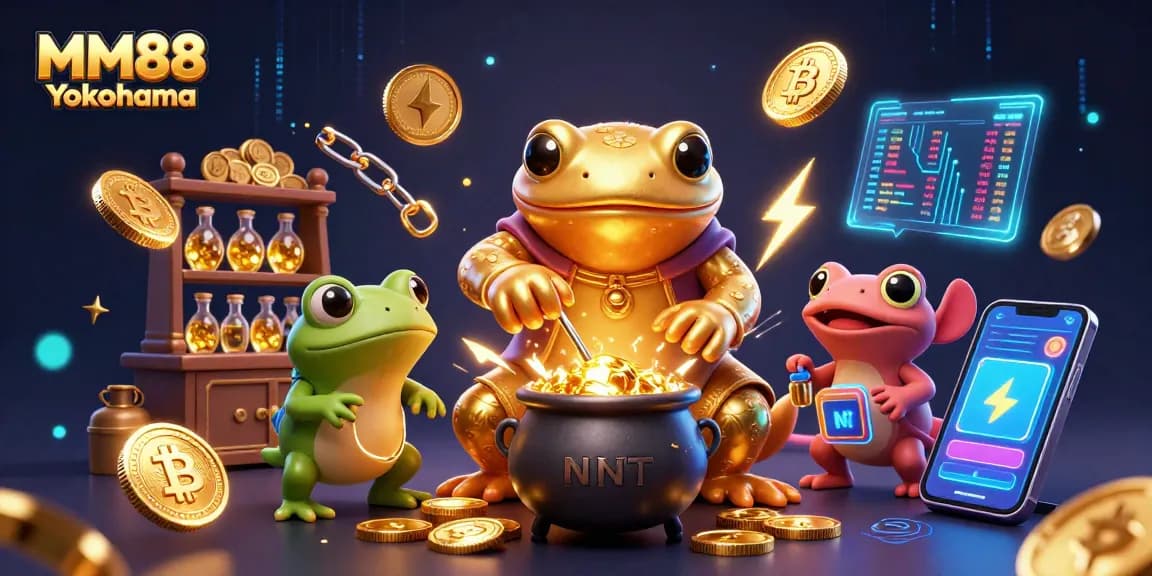 Engage in thrilling gameplay at MM88 Yokohama with gold coins and shimmering crypto elements.