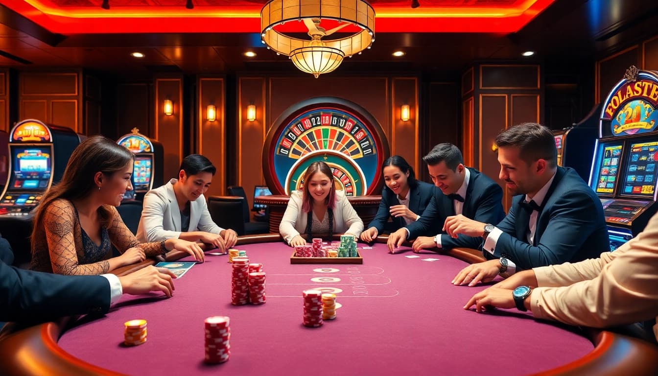 Ee88 players enjoying an exciting game of poker at a vibrant casino table.