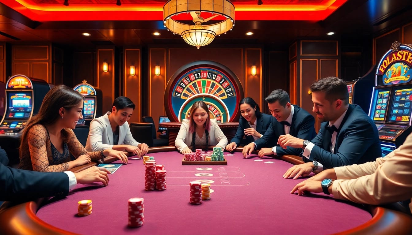 Ee88 players enjoying an exciting game of poker at a vibrant casino table.