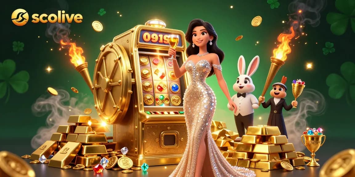 Socolive offers a vibrant scene of a woman celebrating with a gold glass beside a jackpot slot machine.