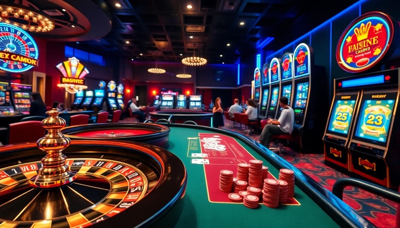 Experience the excitement of f168.ing with a vibrant casino scene featuring roulette, poker, and slot machines.