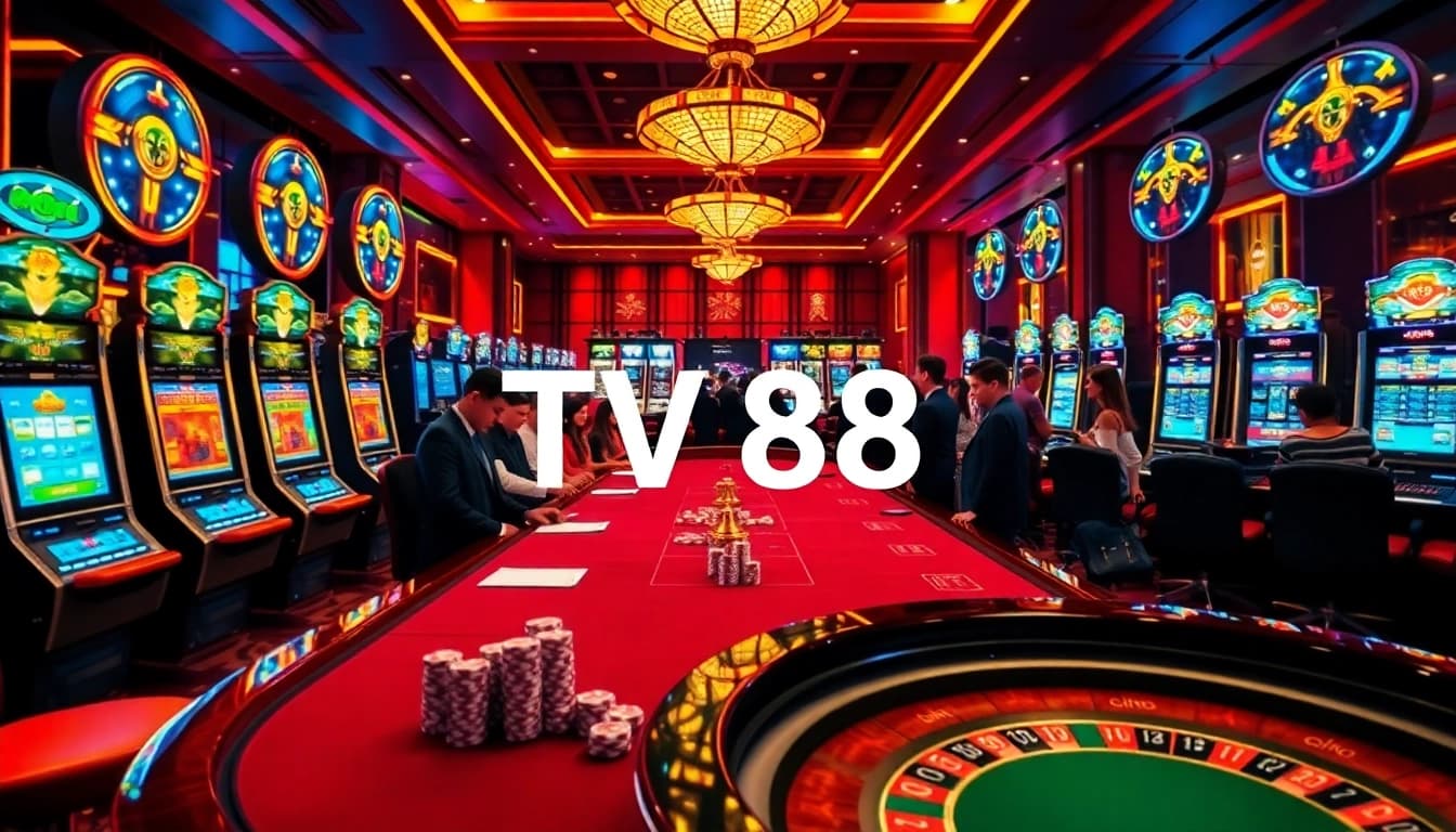 Players enjoy an engaging gaming experience at TV 88, featuring luxurious casino tables and vibrant slot machines.