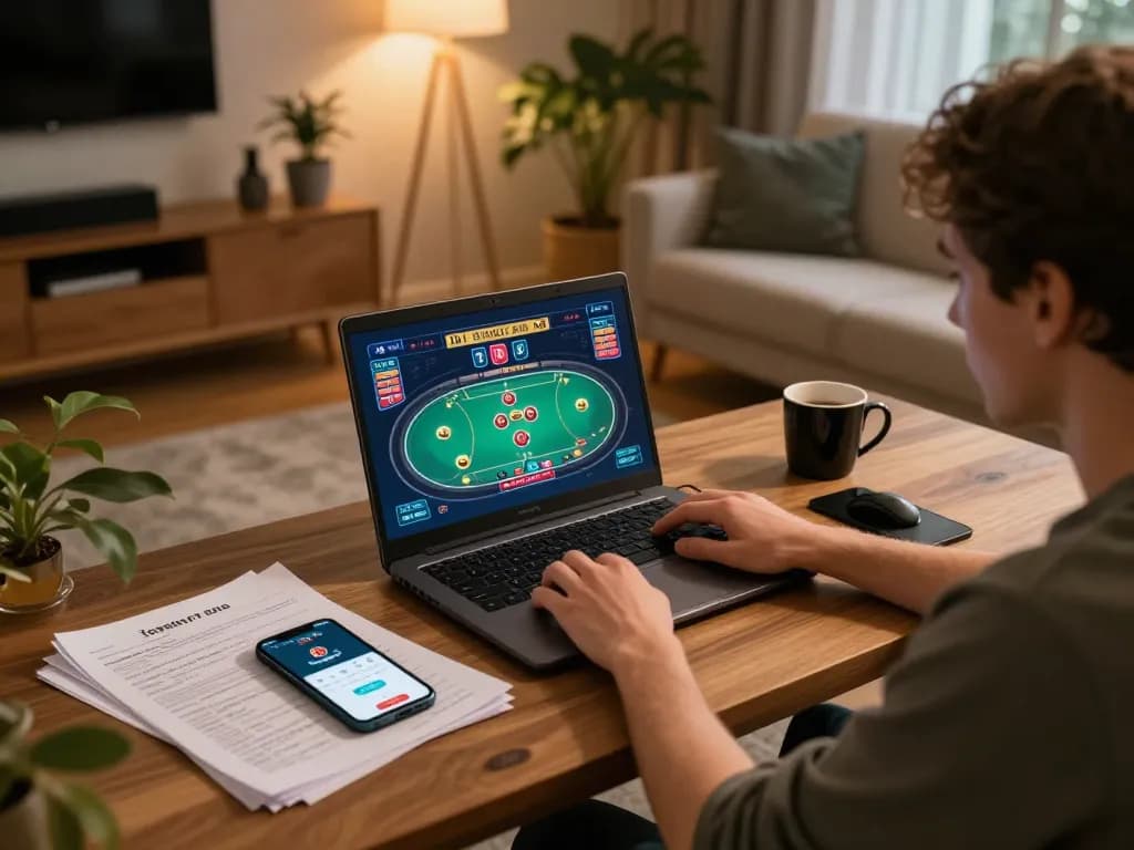 Kuwin player engaging in online poker gameplay on a laptop in a cozy home setting