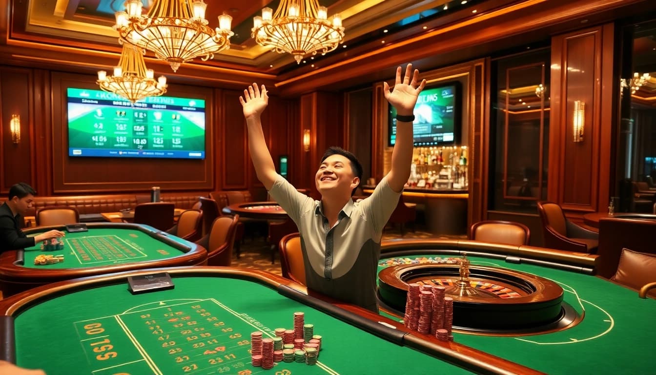 Exciting moment at LV88 casino with a player celebrating a win at baccarat table.