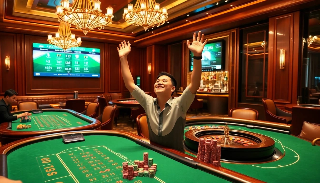 Exciting moment at LV88 casino with a player celebrating a win at baccarat table.
