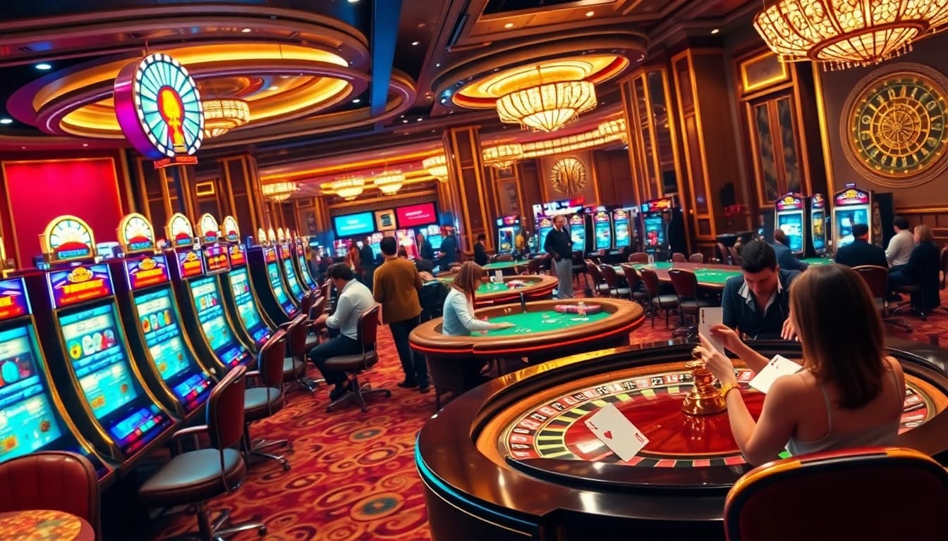 Players enjoying casino games and excitement at tk88, with vibrant slot machines and elegant poker tables.