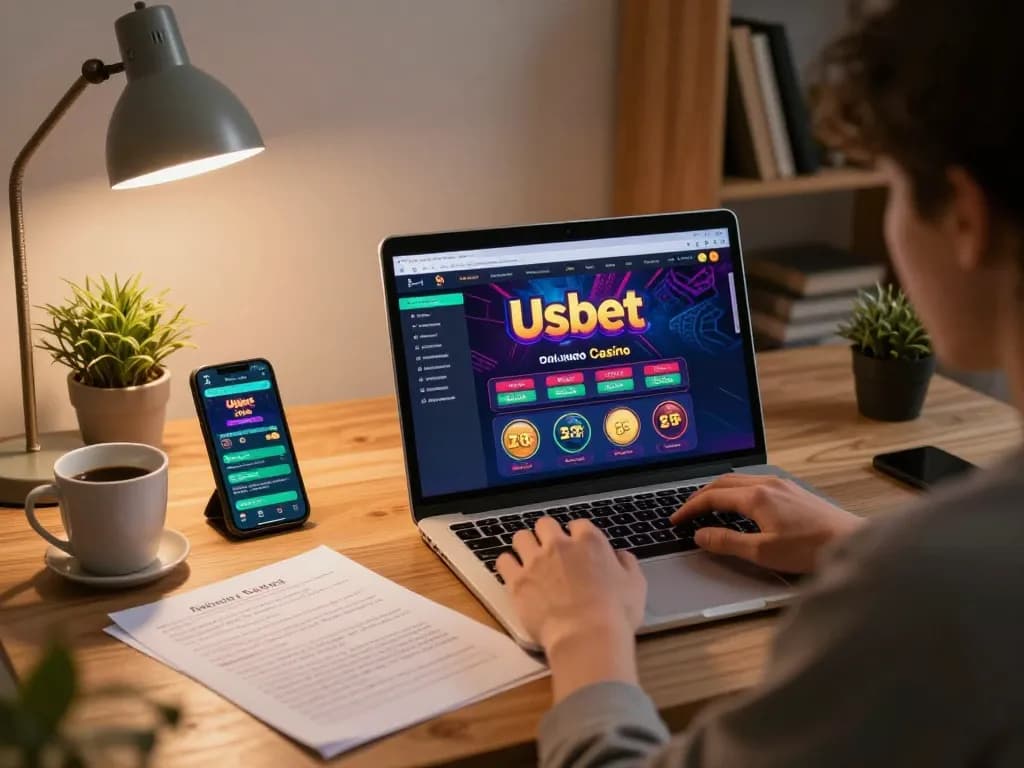 Engaging home gaming moment with Usbet app on the laptop showcasing casino strategies and responsible gaming.