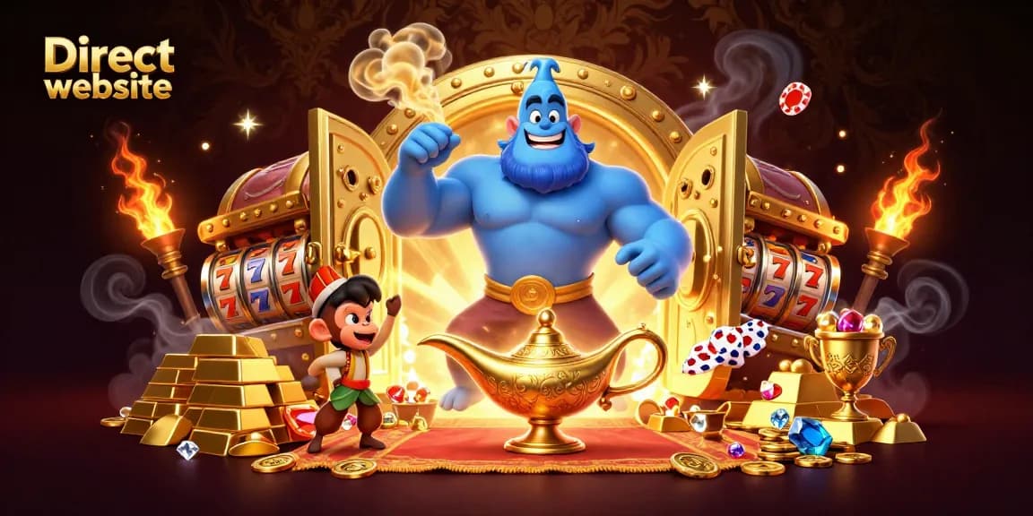 Engage in thrilling gameplay with the Direct website featuring a genie, monkey, and poker chips.