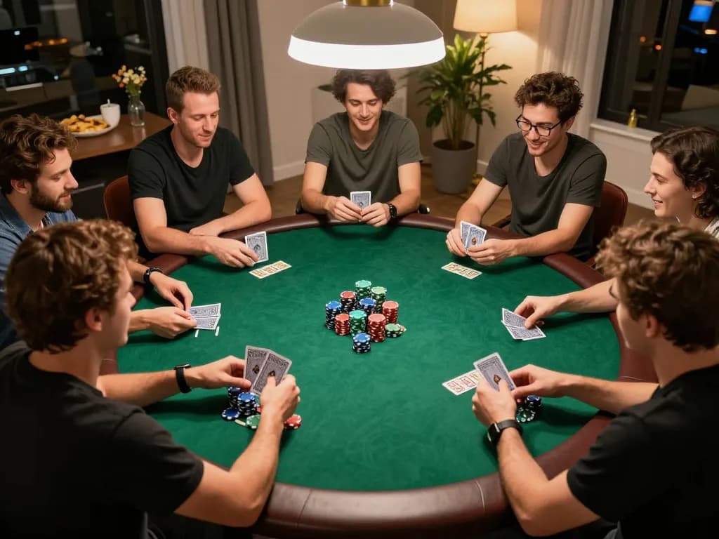 Players enjoying a thrilling poker game at home, engaging in strategic moves with rich poker chips and cards on the table at rik vip.