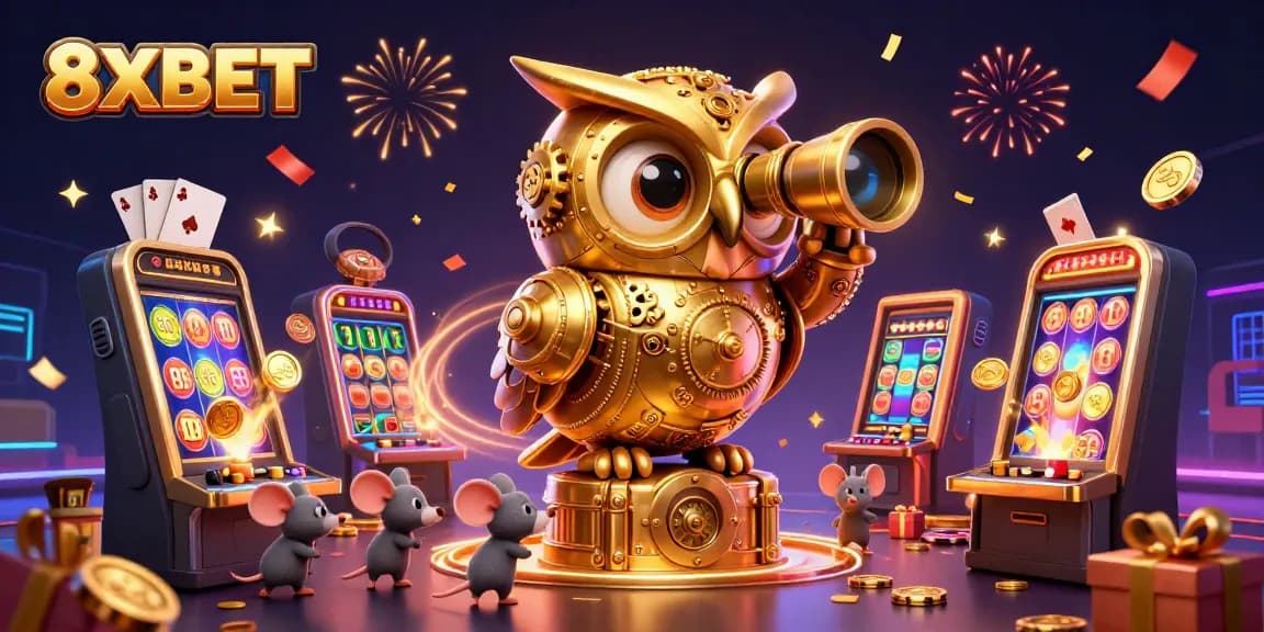 Explore thrilling slot games with 8XBET's colorful casino scene featuring a golden owl and dynamic action.