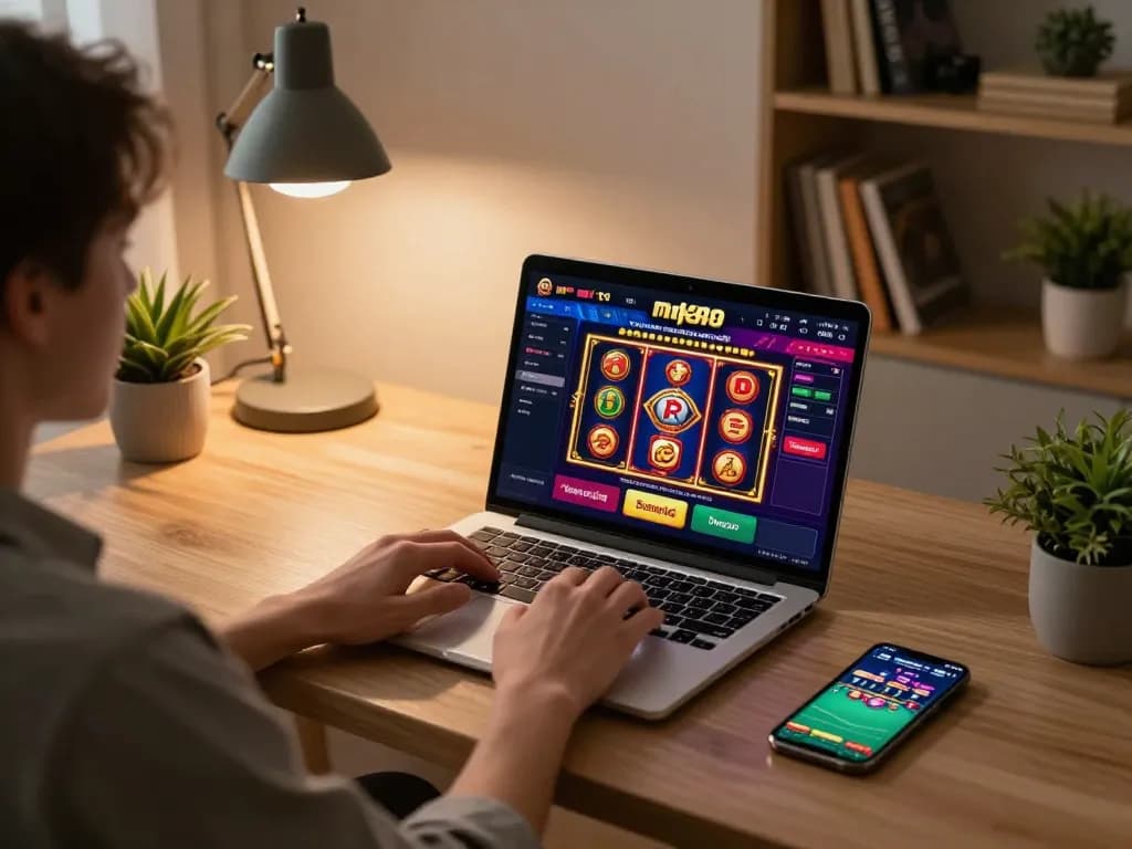 Engaging in online gaming at nk88 nhà cái with a vibrant setup and laptop display, enjoying the thrill of virtual gambling.