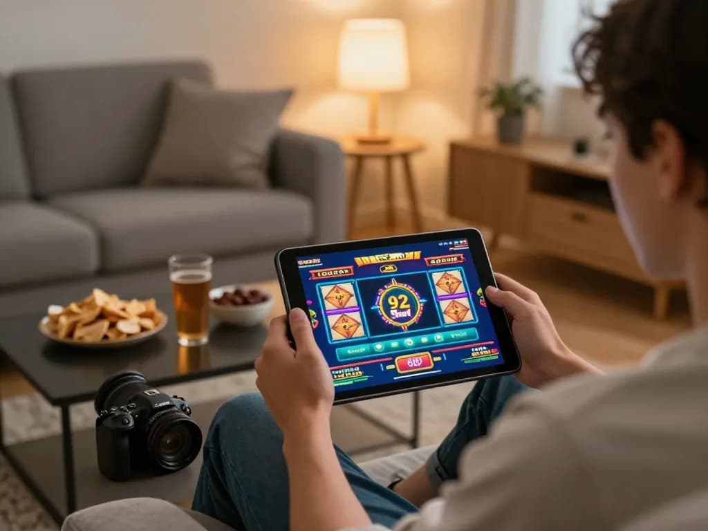 Engaged player enjoying a slot game on 92slot.net in a cozy home setting.