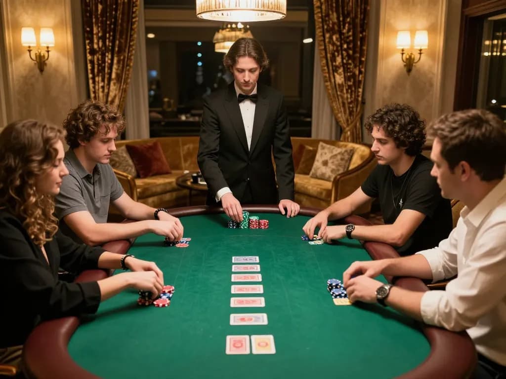 al88 players strategizing during a high-stakes poker game in an elegant room