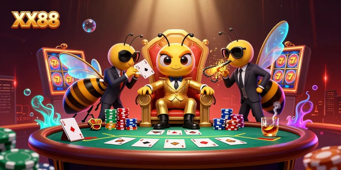 Engage with the vibrant XX88 casino scene featuring a bumblebee mob boss and thrilling poker elements.