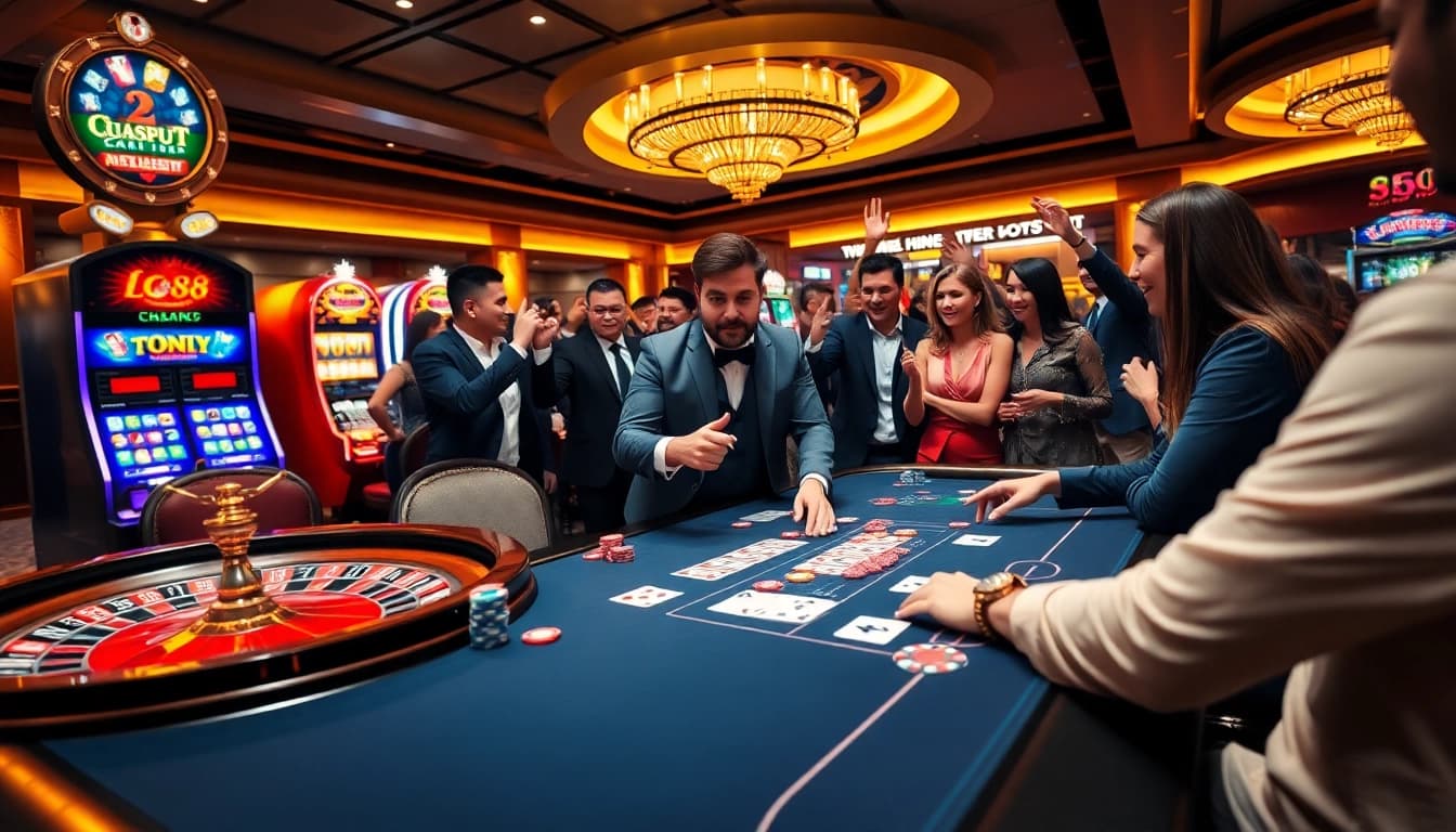 High-stakes poker game showcasing LC88 chips and cards in a luxurious casino environment.