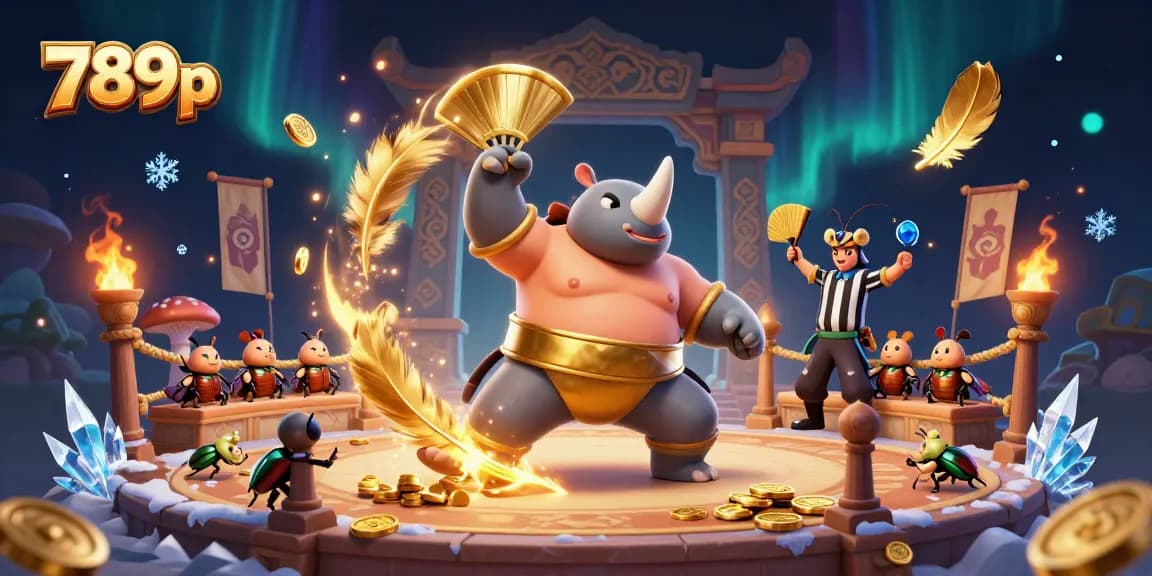 Experience thrilling gaming at 789p with a dynamic illustration of a sumo beetle champion and excitement-filled casino elements.