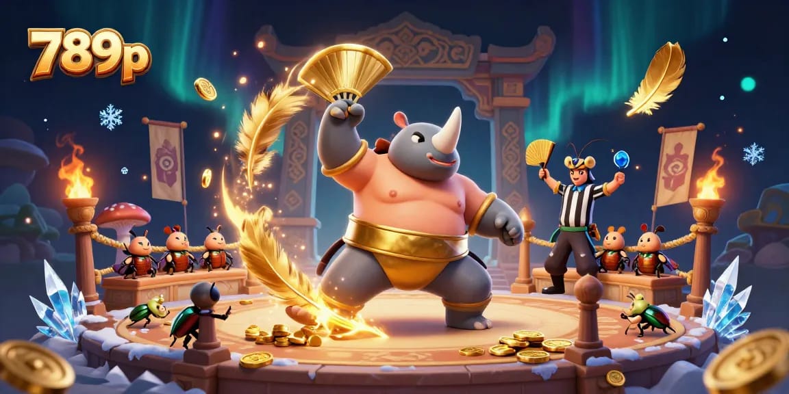Experience thrilling gaming at 789p with a dynamic illustration of a sumo beetle champion and excitement-filled casino elements.