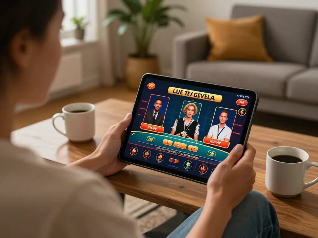Engaged player enjoying live dealer games on VSBET tablet at home with cozy ambiance