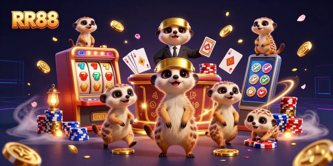 Engage in thrilling gameplay at RR88, featuring vibrant slot machines and playful meerkats in a detailed casino scene.