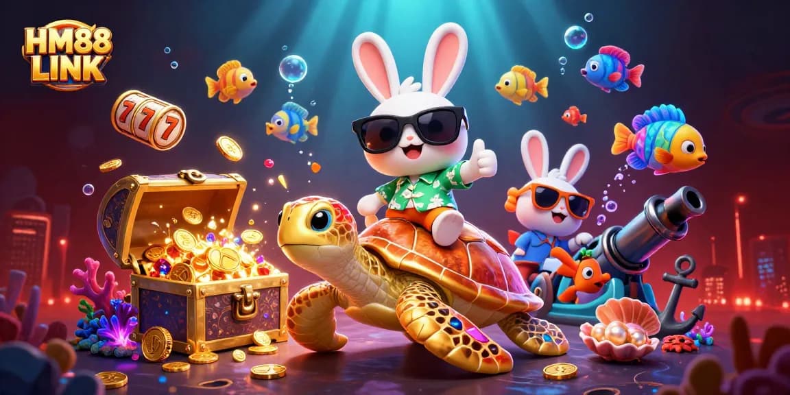Play exciting slots with HM88 LINK featuring a lucky rabbit on a golden turtle in a vibrant underwater scene.
