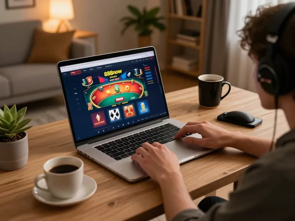 Engaged user logging into 888now đăng nhập on a laptop for online gambling, showcasing immersive gaming setup.