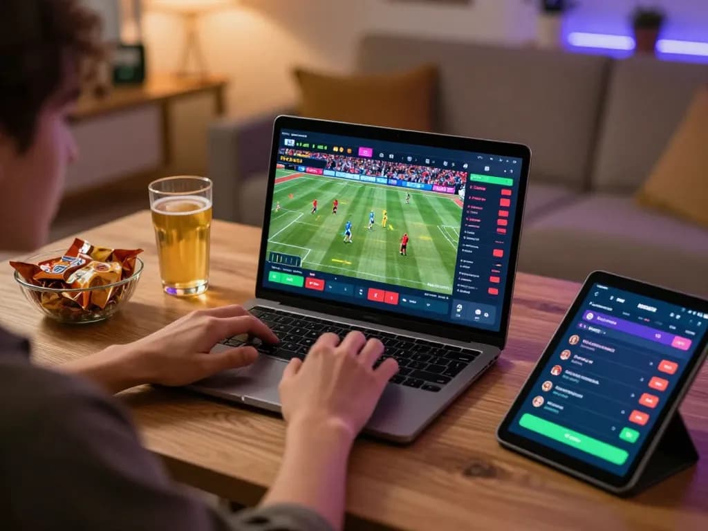 Digitalwala sports betting scene with an engaged player using a laptop for real-time betting