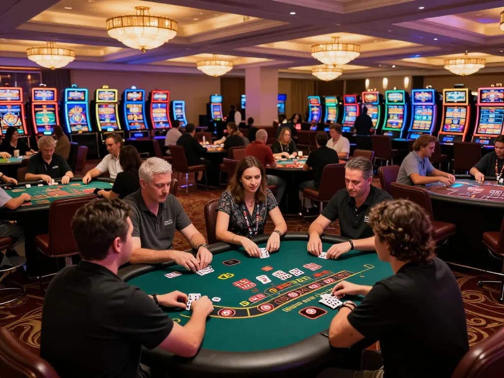 Players engage in thrilling blackjack game at a lively casino, showcasing strategic moves with bsport.