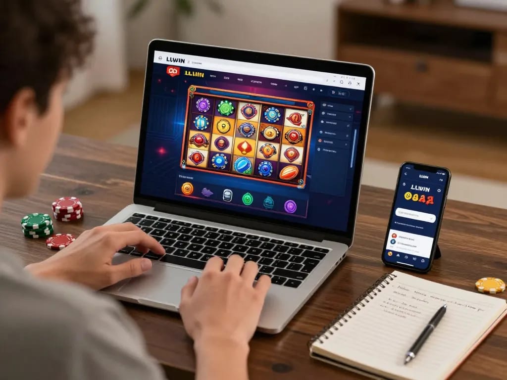 Player engaging with LLWIN's online casino interface from a cozy home setup.